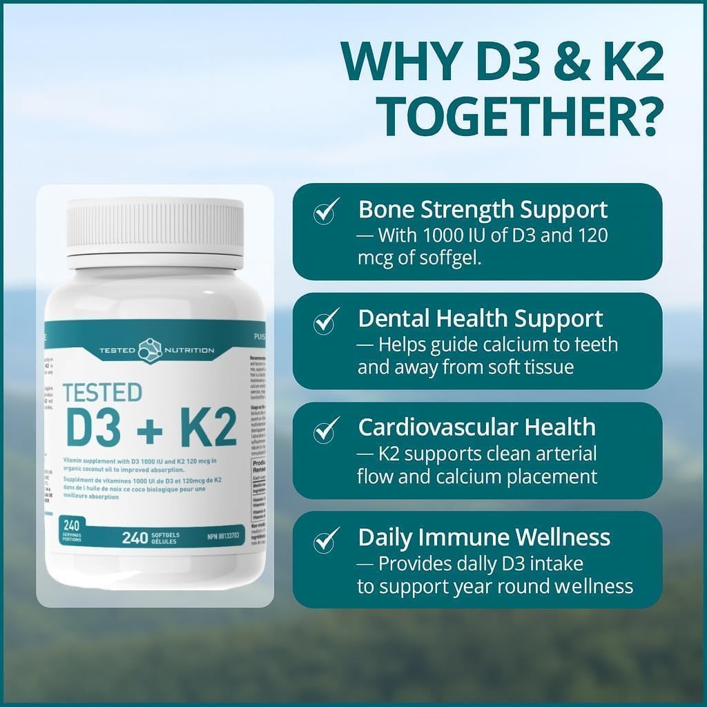 D3 + K2 Softgels | 1000 IU Vitamin D3 & 120 mcg Vitamin K2 in Organic Coconut Oil | Improved Absorption, Immune Support, Cardiovascular Health Support | 240 Softgels