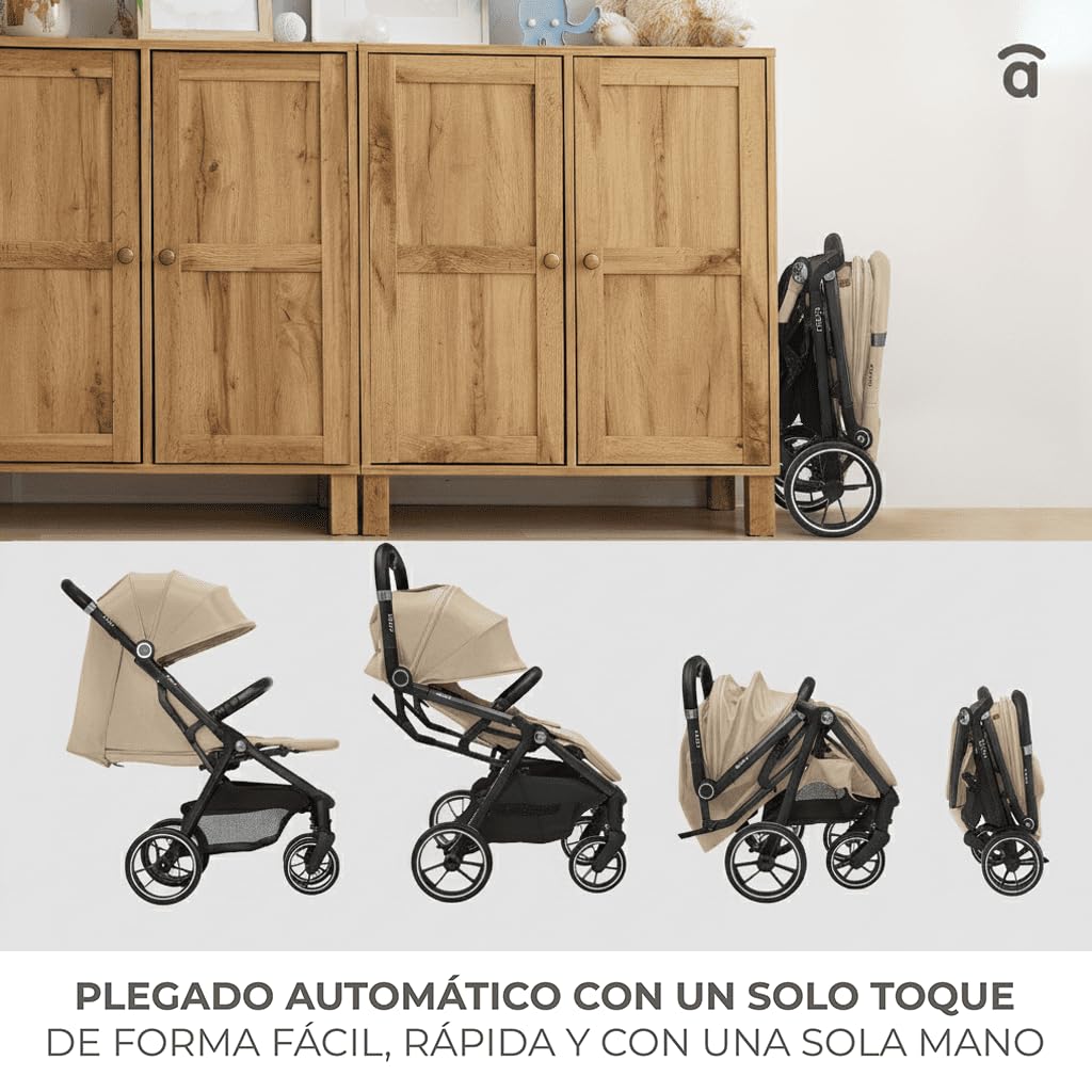 Asalvo KIBU Silla de Paseo, Carrito bebé, Carro para bebés, Confortable, Ultraligera, Segura, Capota con Ventana y Freno Trasero, Manejable, Plegado compacto, Carga Máxima 24 kg, Beige