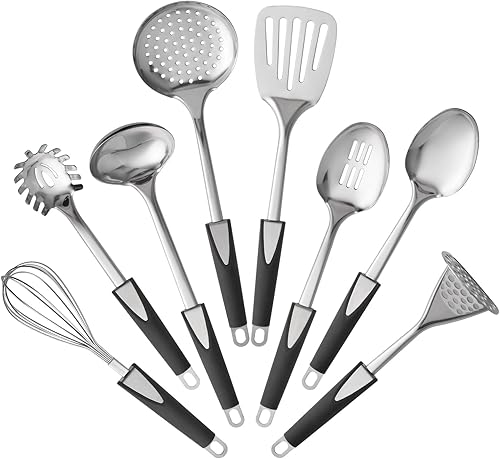 Juego de utensilios de cocina de acero inoxidable, 8 piezas, utensilios de cocina de acero inoxidable, utensilios de cocina antiadherentes con mango
