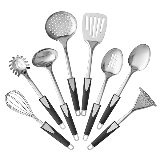 Premium Stainless Steel Kitchen Utensil Set, 8-Piece Cooking Tools with Black Ergonomic Handles, Includes Turner, Spoons, Skimmer, Whisk