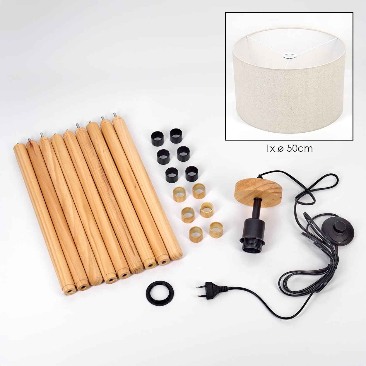 HOFSTEIN Stehleuchte Flemming, Stehlampe aus Holz/Metall im modernen Boho-Design, Schirm aus Stoff, Ø 50 cm, 152,5 cm, E27, Fußschalter - Wohnzimmer, Schlafzimmer, Esszimmer, Flur