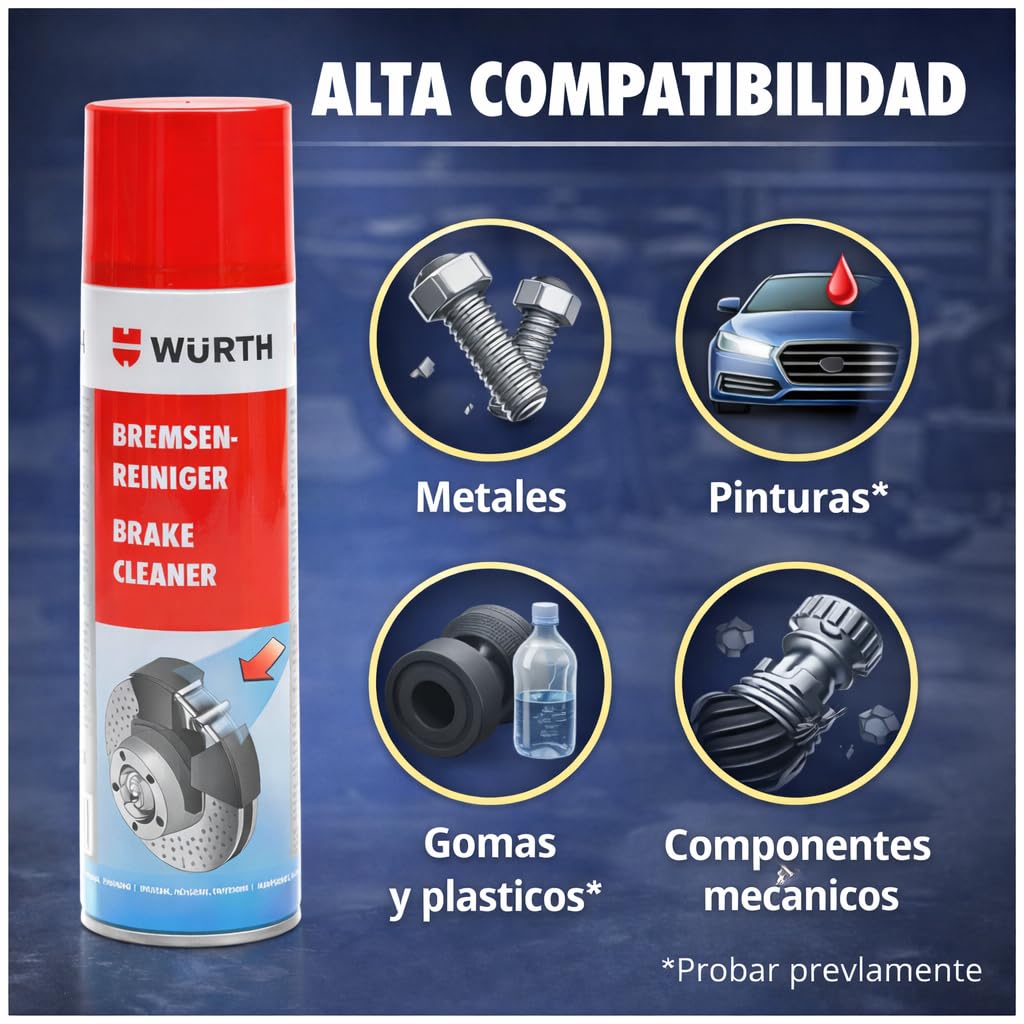 WURTH Limpiador de Frenos 500 ml – Pack de 12 Unidades – Spray Profesional para Limpiar Frenos, Embragues, Motores y Piezas Metálicas – Ref. 08901087