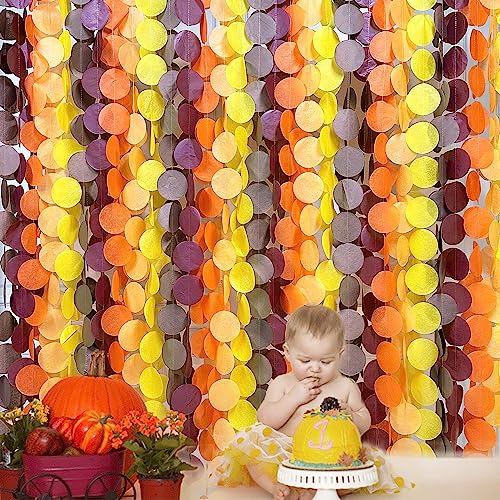 Image of 192Ft Fall Party Decorations Big Circle Dots Backdrop Garland Yellow Orange Burgundy Brown Tissue Paper Polka Dot Hanging Streamers for Birthday Wedding Fall Autumn Thanksgiving Harvest Party Supplies