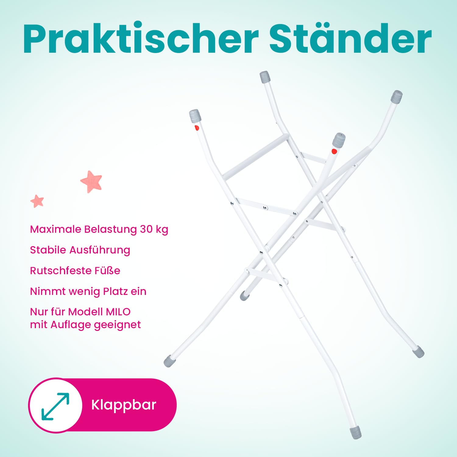 Primabobo Milo Faltbare Babybadewanne mit Gestell und Badesitz, Elektronischem LCD-Thermometer und Ablaufschlauch, Stabiles Bade-Set für Neugeborene und Babys, Grau