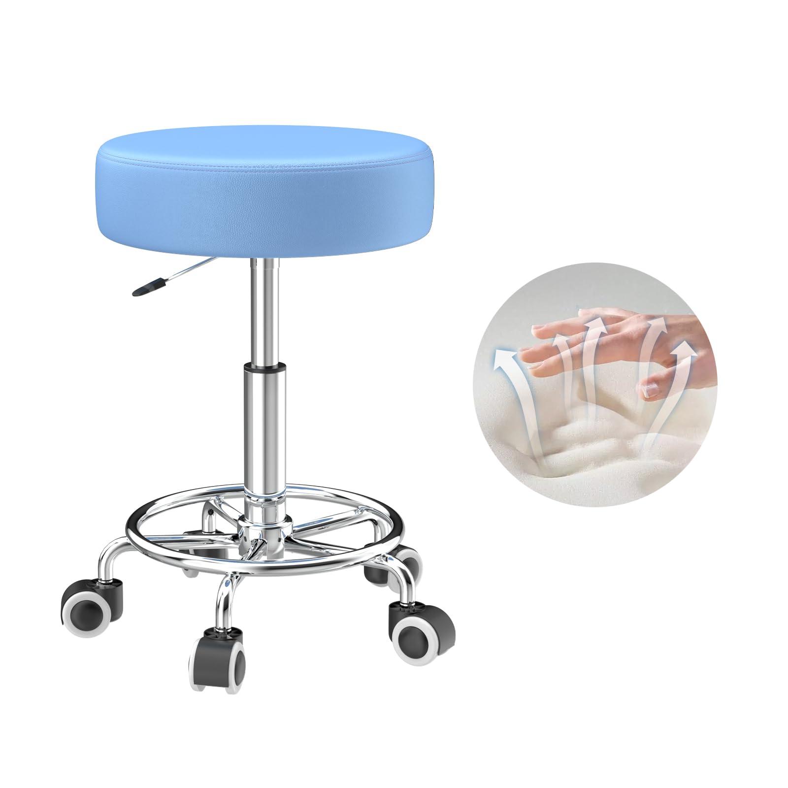 Tabouret De Bureau Réglable Avec Repose-Pieds - Hauteur 49-63 Cm, Roulettes, Cuir Synthétique