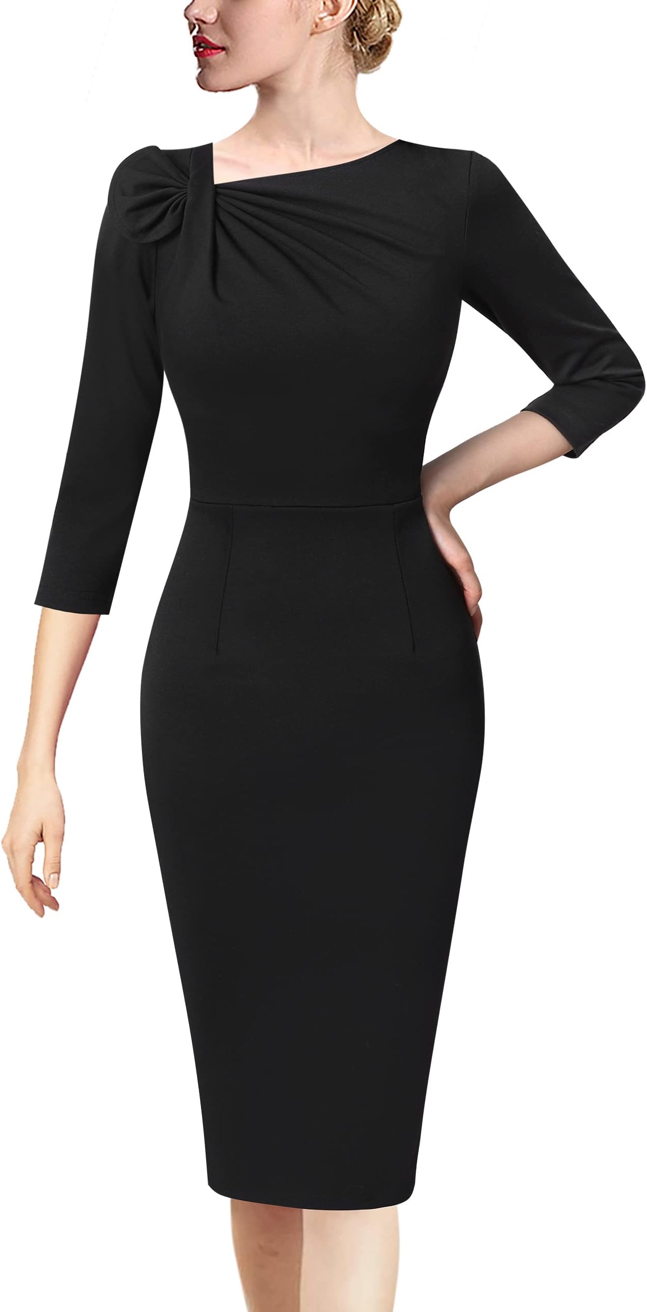 Womens Pleated Asymmetric Bow Neck Work Business Office Church Cocktail Party Pencil Sheath Dress