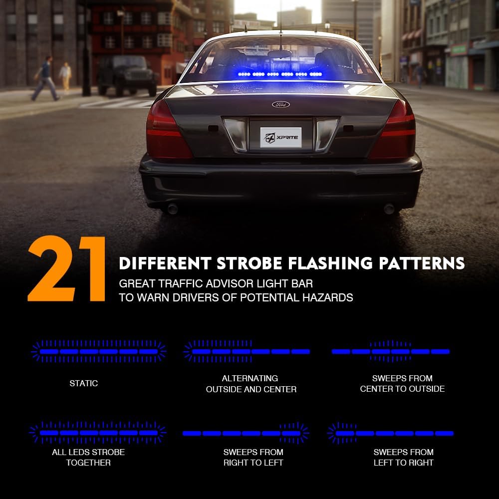 Xprite 27" Blue LED Emergency Traffic Advisor Strobe Light Bar, 21 Flashing Patterns Windshield Deck Warning Safety Security Lightbar w/Suction Cup Mount for Police Law Enforcement Vehicle Fire Trucks