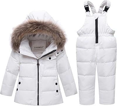 SANMIO Toddler Snowsuit Boy Girl Winter Coat Snow Pants Set, Hooded Down Jacket + Bib Pants Kids Windproof Skiing Suit 2-6T