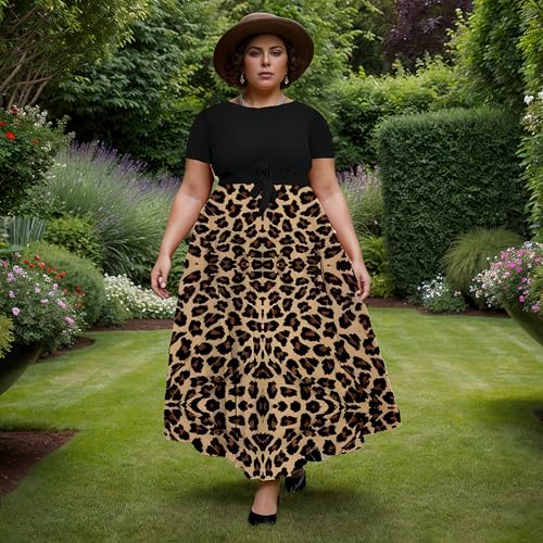 Image of Hostoyo Women Plus Size Formal A Line Maxi Dress Self Tie Waist with Pockets Elegant Round Neck Swing Long Dresses