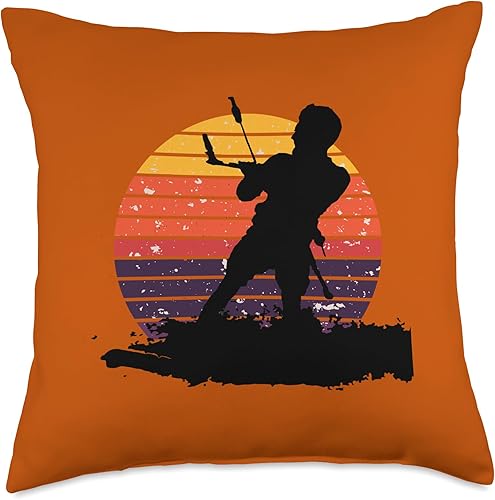 Miniatura 4 de Kitesurfing Enthusiast Riding A Wave Silhouette Retro Sunset Throw Pillow, 16x16, Multicolor