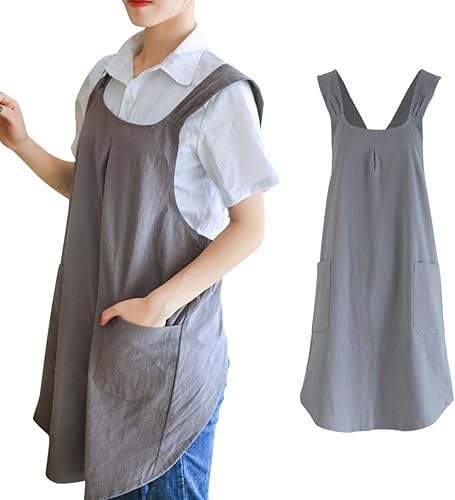 Delantales de cocina, delantal de algodón en forma de X, delantales a prueba de suciedad para mujeres y hombres con bolsillos, vestido de lino con
