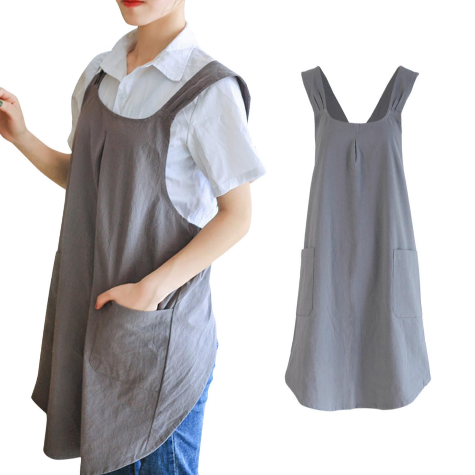 TranquiliqueCotton Linen Cross Back Cooking Aprons No-Ties Cross Back Apron with Pocktes Solid Color Japanese Style Cross Pinafore for Garden Home Kichen