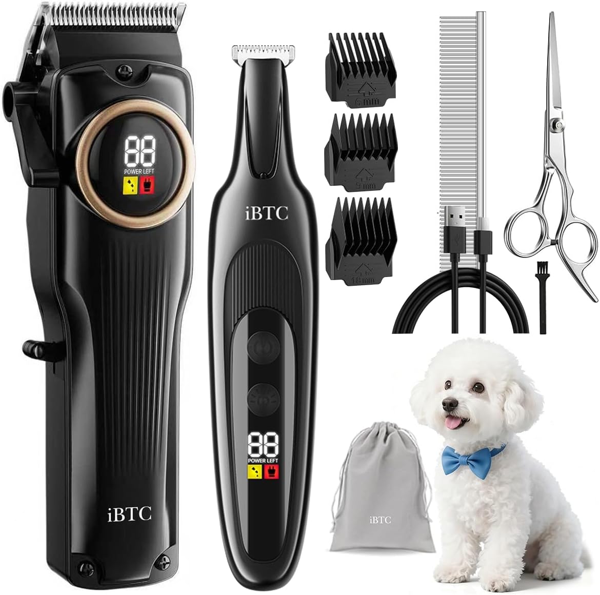 iBTC Dog Clippers for Grooming for Thick Heavy Coats, Professional Low Noise Dog Grooming Clippers Supplies Kit Rechargeable Stainless Steel Hair Trimmer with Ceramic Blade for Dogs Cats Pet