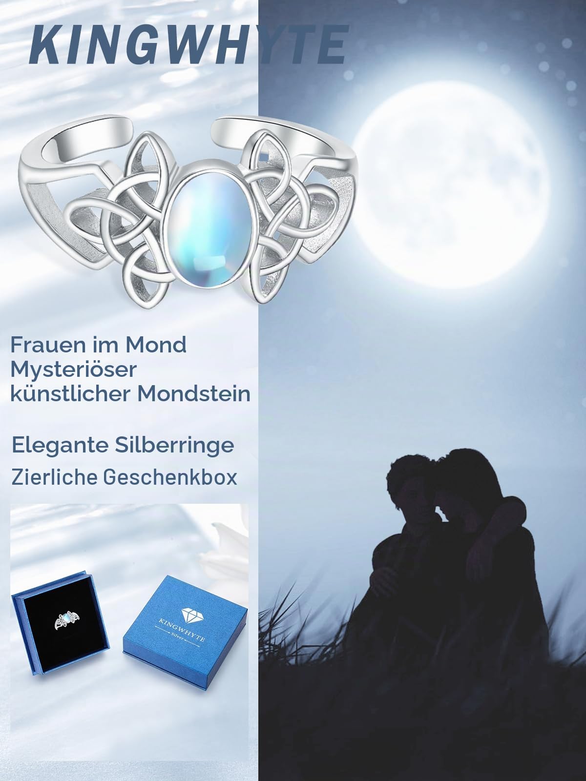 KINGWHYTE Keltischer Ring Sterling Silber Edelstein Ring Verstellbarer Offener Ring Keltischer Schmuck Geschenke für Frauen Frau Freundin Schwester Freunde