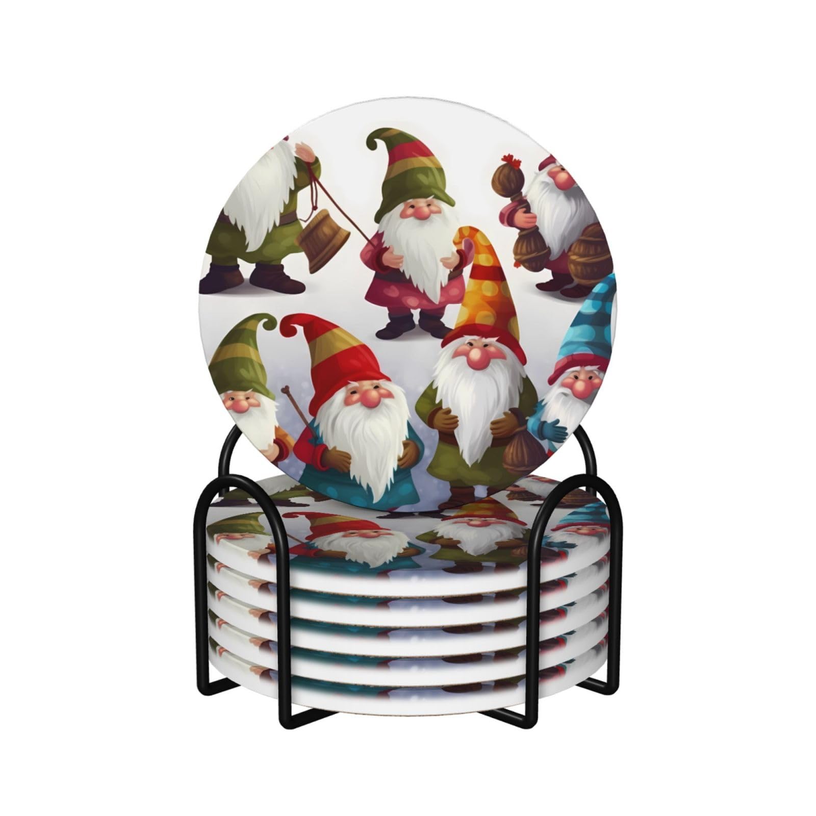 6Pcs Ceramics Coaster for Drinks, Xmas Funny Gnomes Cup Coasters with Holder, Aesthetic Drink Coasters for Coffee Table, Absorbent Round Coaster for Tabletop Protection 4" Cup Mat Pad