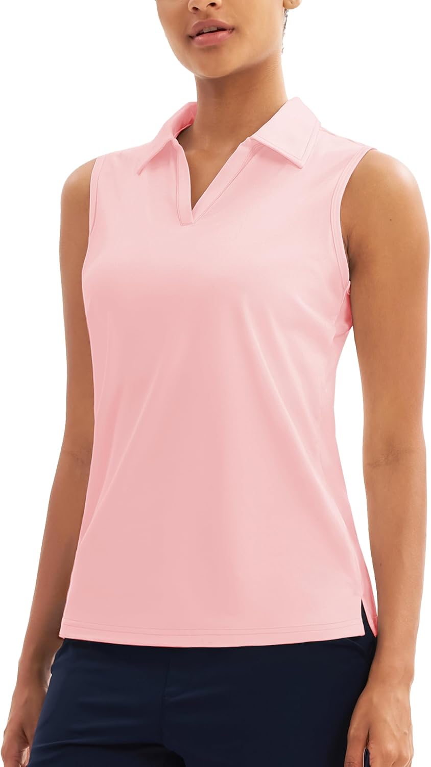 MAGCOMSEN Women's Sleeveless Golf Polo Shirts Collared Tank Tops UPF 50+ V-Neck Quick Dry Workout Athletic Tennis Tops