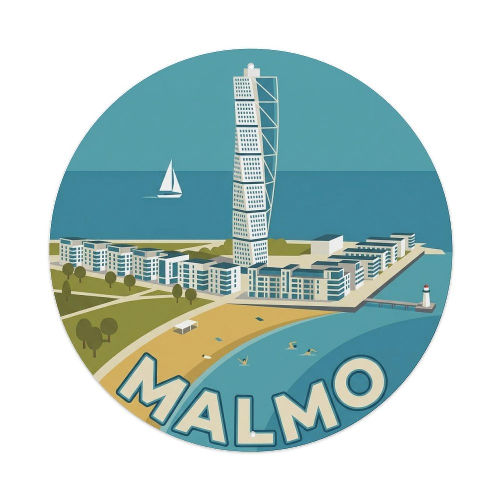 Vintage Travel Malmo Sweden Waterfront Metal Tin Sign