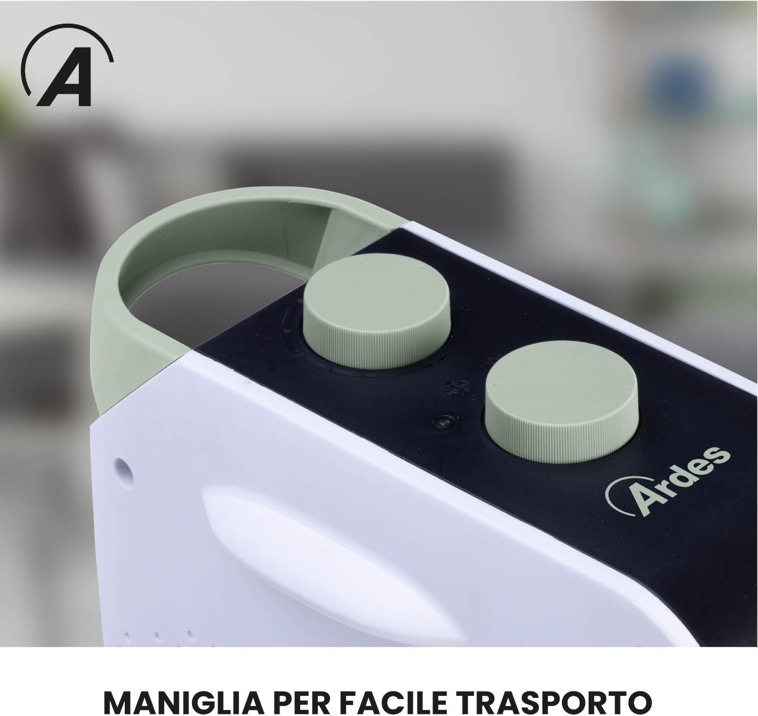 Close-up of the Ardes VERTIGO heater's controls and carrying handle