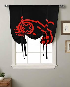 Tie Up Curtains for Windows, Red Game Controller Kitchen Curtain Adjustable Balloon Window Shades, Modern Art Gaming Handheld Black Valance Curtains for Living Room/Bedroom/Cafe 34"x45"