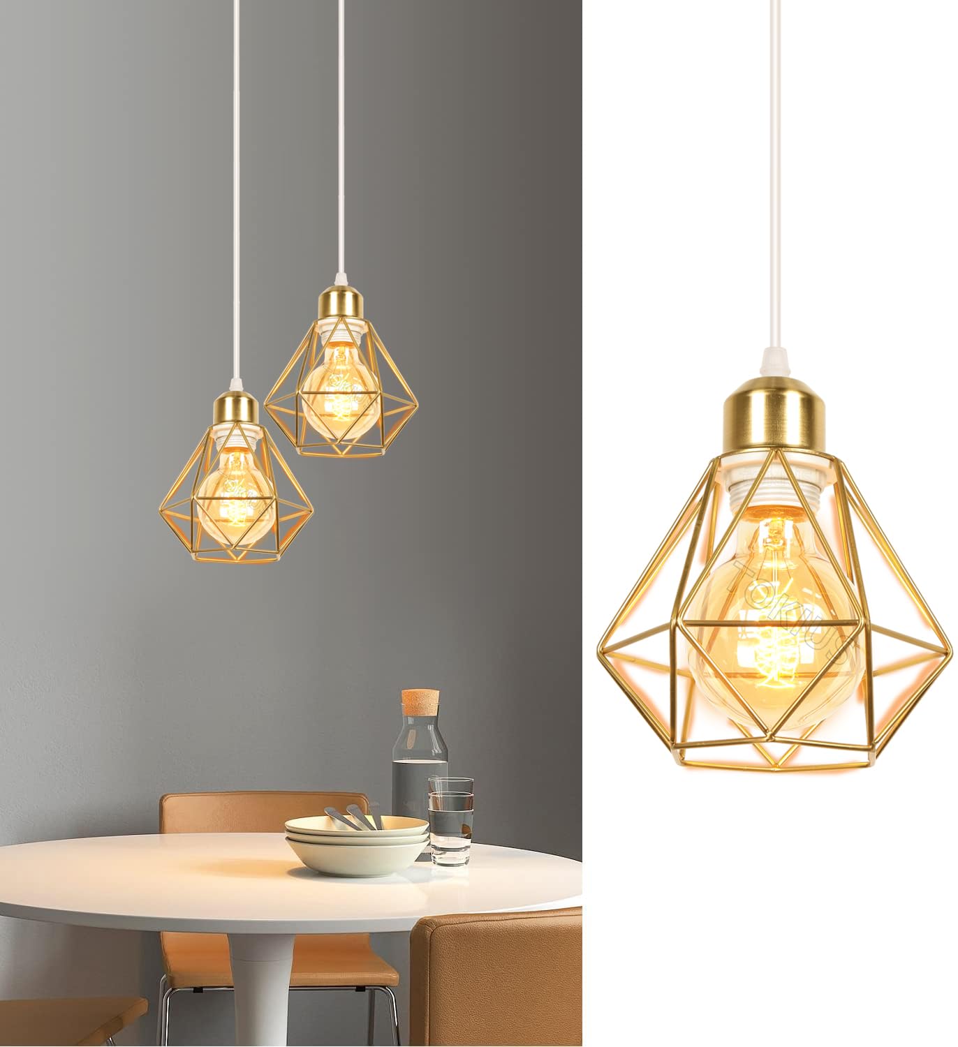 Lot de 2 Suspensions Luminaires Industrielles Lustres Métal Rétro forme Cage Ø160mm Plafonnier E27 Doré Lampe pour Salon Chmabre Cuisine (Lustre-2pcs)