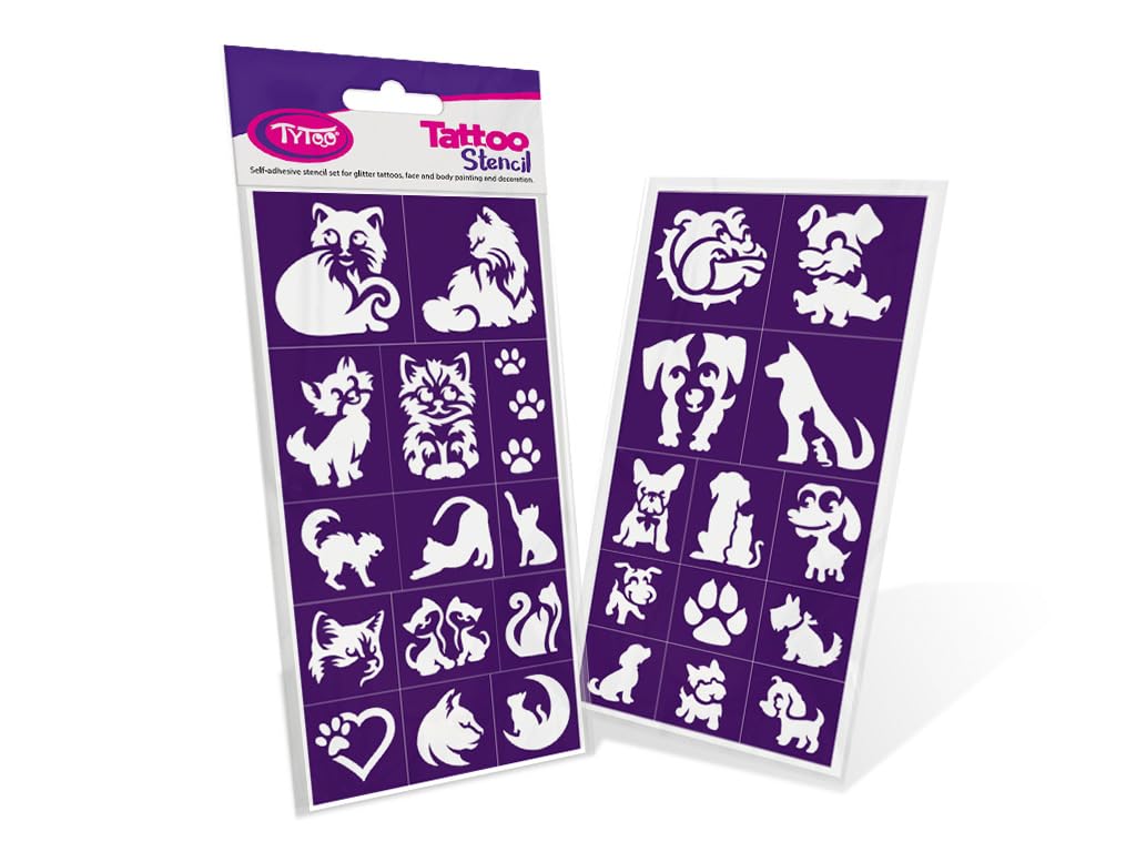 TyToo Glitzer Tattoo Schablonen Set – wiederverwendbare Vorlagen für Kinder & Erwachsene – EU-Design, hautfreundlich, perfekt für Partys, Kinderschminken & Bodypainting (Hund und Katze)