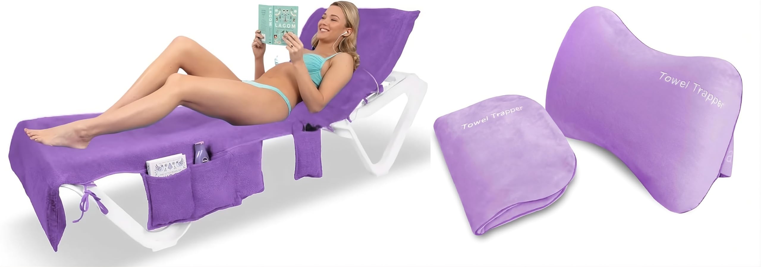 ITSA Beach Comfort Bundle – Terry Towelling Lightweight Beach Towel with Pockets & Handles(LIght Purple) + Towel Trapper Inflatable Travel Beach Pillow (Lilac Breeze)