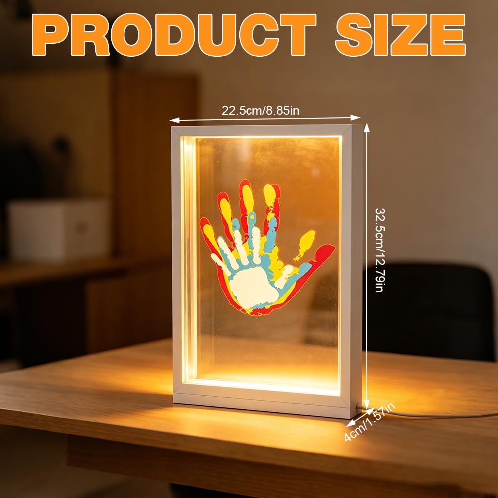 Kit d'Empreintes Familiales avec Veilleuse LED et Pigments - Cadre en Bois pour Bébé, Couples - Cadeau Personnalisé (Blanc)
