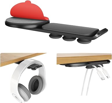 Headphone Stand - 360 Degree Rotating Adhesive Under Desk Headset Holder with 2 Cord Holder Clips Black