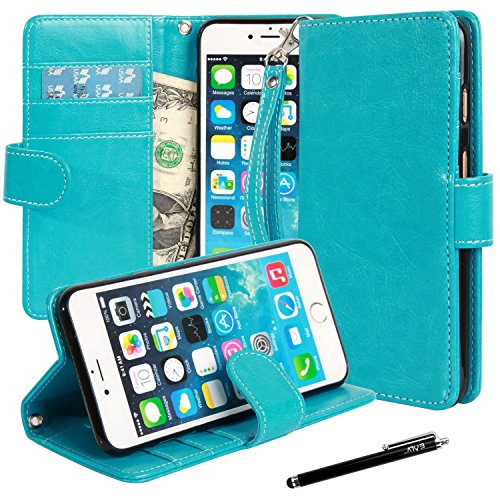 iPhone 6 Plus case, iPhone 6 Plus Flip Case, E LV iPhone 6 Plus Case Cover - PU Leather Flip Folio Wallet Case Cover for iPhone 6 Plus 5.5 inch with 1 E LV Stylus - Turquoise