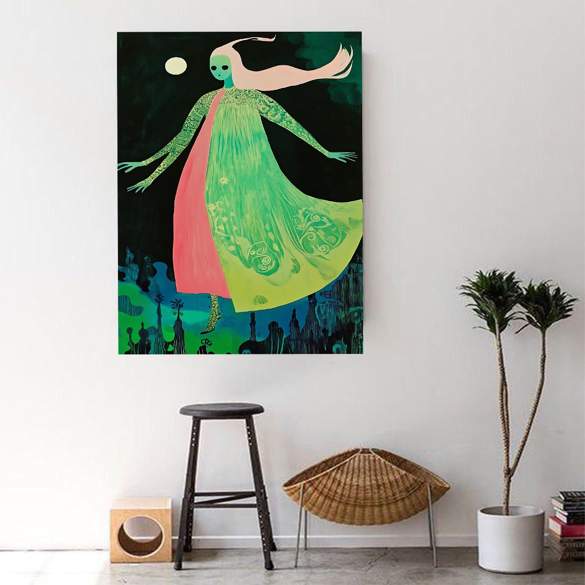 CHERHERART Affiche de femme éclairée par la lune Style surréaliste sur toile Art mural Tirages mystiques de nuit Œuvres d’art pour chambre Salle à manger Salon 70x110cm Sans cadre