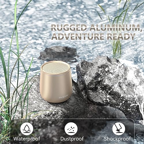 Image of INSMY Small Bluetooth Speaker, Waterproof Mini Portable Wireless Speaker, Punchy Bass Rich Audio Stereo Pairing, Handheld Pocket Size,Built in Mic for Hiking Biking Gift Laptop Tablet (Gold)