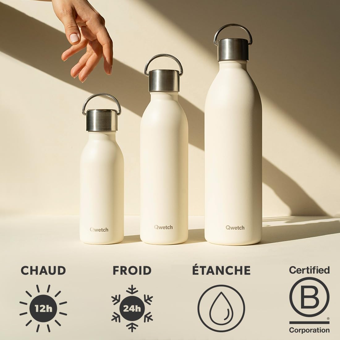 Qwetch - Bouteille Isotherme Active Vert Tilleul 1L - Gourde avec Anse Inox Recyclé - 24h Froid et 12h Chaud - Etanche & Compacte