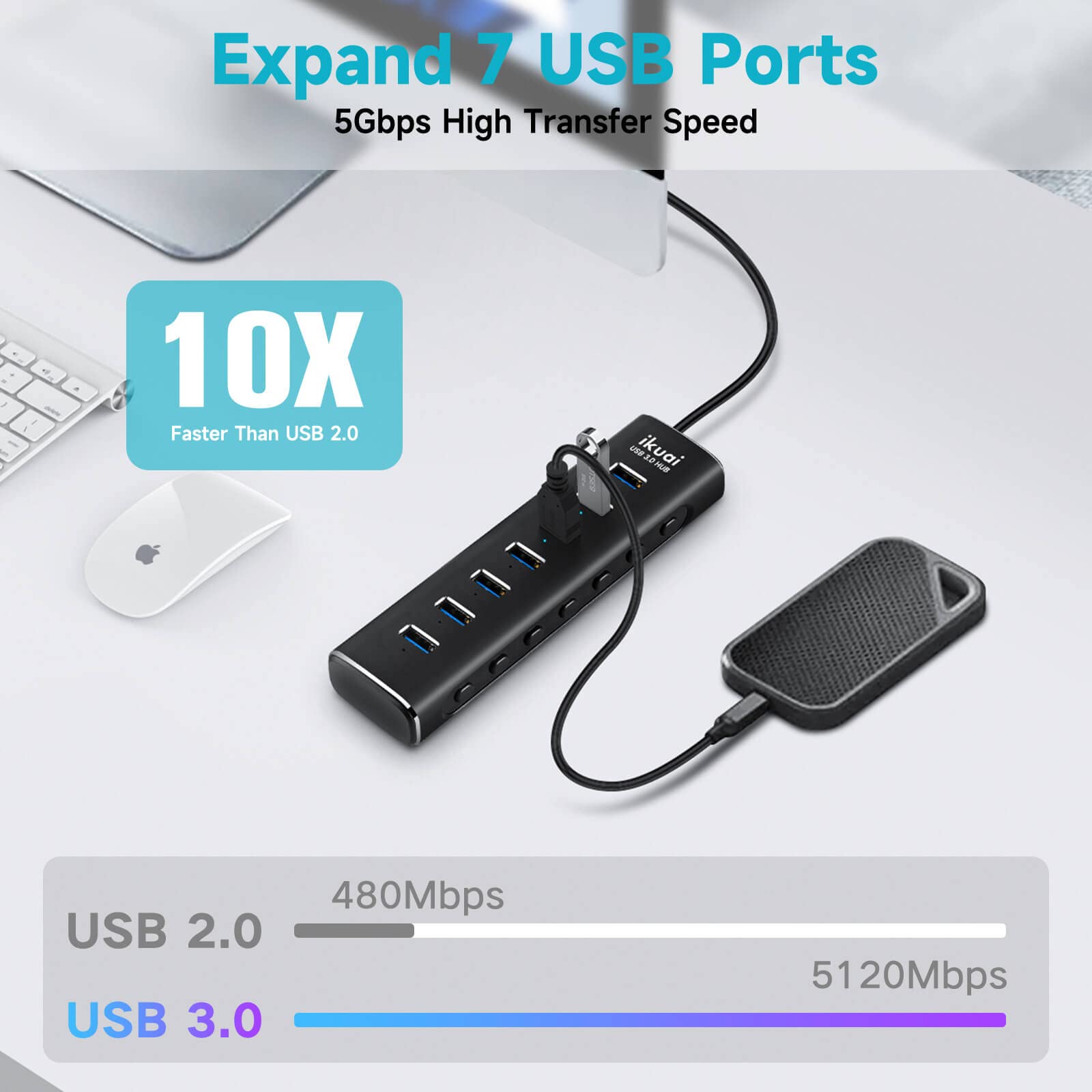 Hub USB 3.0/USB C, divisor de aluminio de 7 puertos con adaptador de CA, interruptores individuales de encendido/apagado LED y cable largo extendido de 3.3 pies para laptop, Mac, PC, unidad