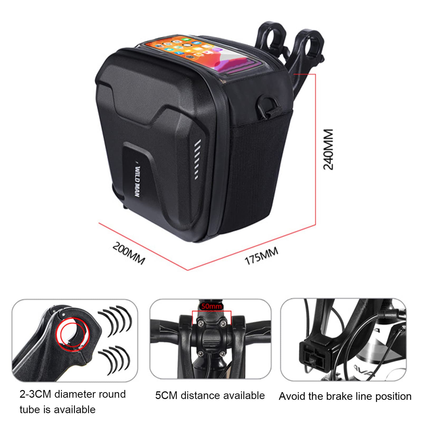 Bolsa para Manillar de Bicicleta, Alforja Dura de la Pantalla táctil de TPU del Bolso de la Cremallera del Manillar de la Bici de Shell de EVA 3L