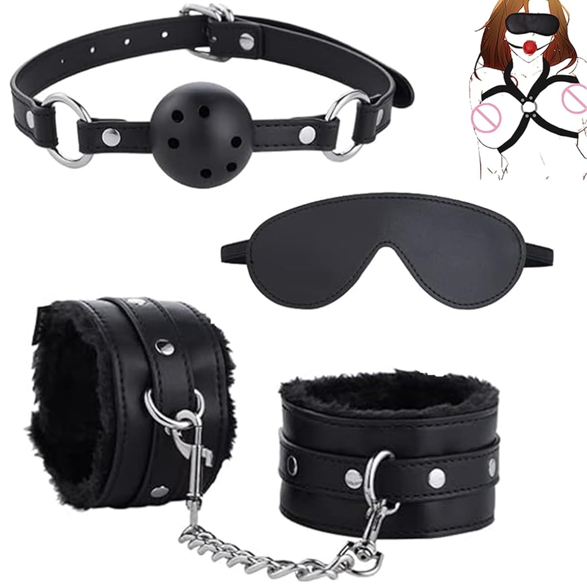LIKENNY SMグッズ 手枷 SM口枷 ボール アイマスク 目隠し 3個セットSMプレイ 拘束具 束縛具 手足固定枷 痛くない 大人のおもちゃ 手錠 SMコスプレ 口栓 口ギャグボール 調教 刺激 男女兼用 ブラック