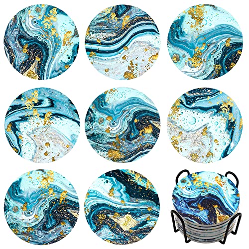 Memeyou Funny Marble Coasters Set Drinks Ocean Cute Round Absorbent Ceramic Stone Holder Colorful Heavy Cork Base Coffee Wooden Table Desk Protection Housewarming Gifts Teal Gold #TOP1