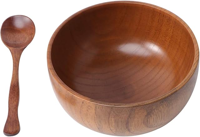 UPKOCH 2pcs Wooden Salad Bowl Serving Bowl with Spoon Rice Soup Noodle Mix Ice Cream Cereal Snack Bowls