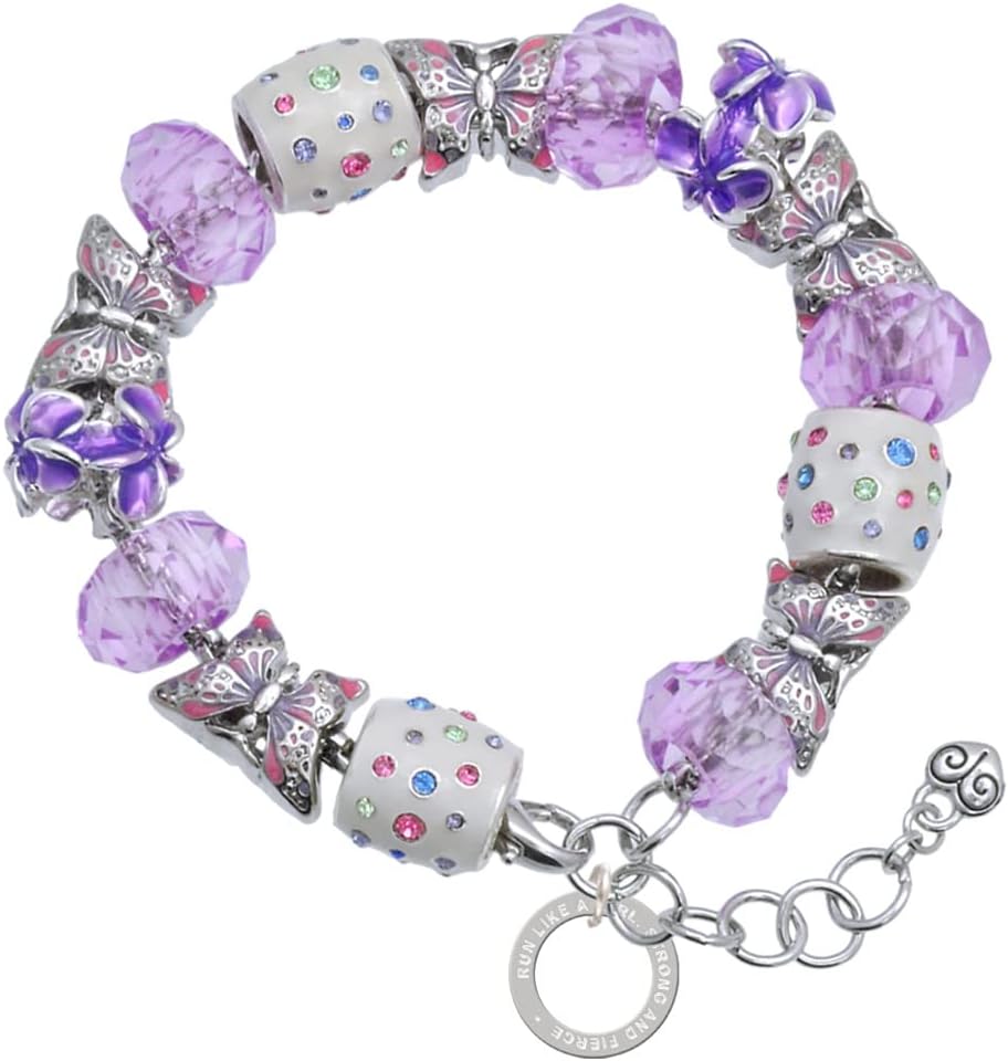 Delight Jewelry Silvertone Run Like A Girl Eternity Ring Purple Butterfly Bead Charm Bracelet, 7"+1" Extender