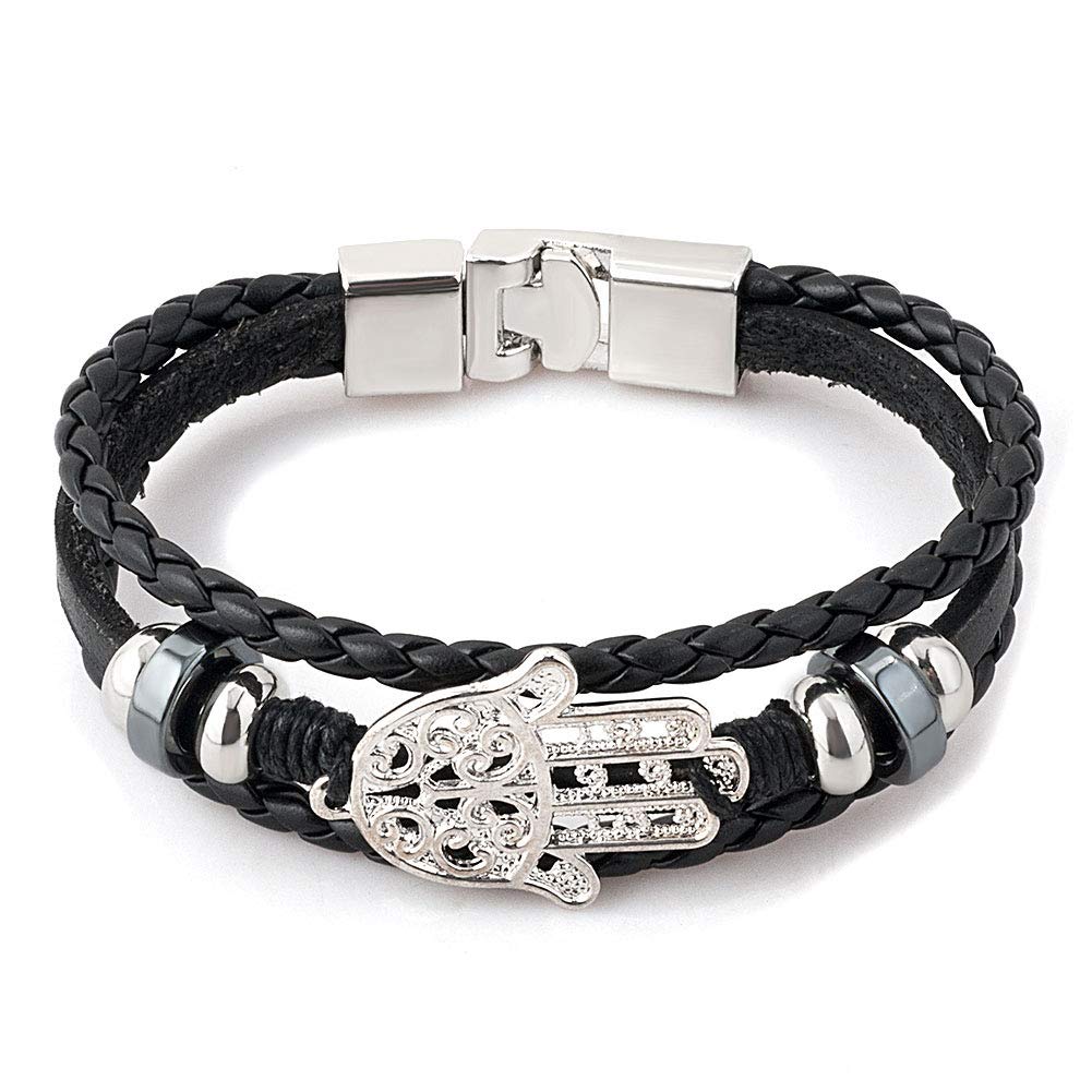 LoEnMe JewelryLoEnMe Jewelry Hamsa Hand Fleur De Lis Skull Cross Angel Wing Animal Leather Bracelet Bangle Men Best Gift