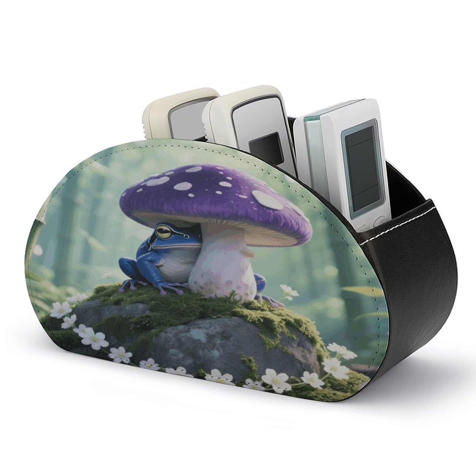 VstaDank Frog Mushroom Aesthetic Remote Control Holder PU Leather Multi-Functional Office Organizar Box Makeup Brush Holder Desk Storage with 5 Compartment TV Remote Media Player Box