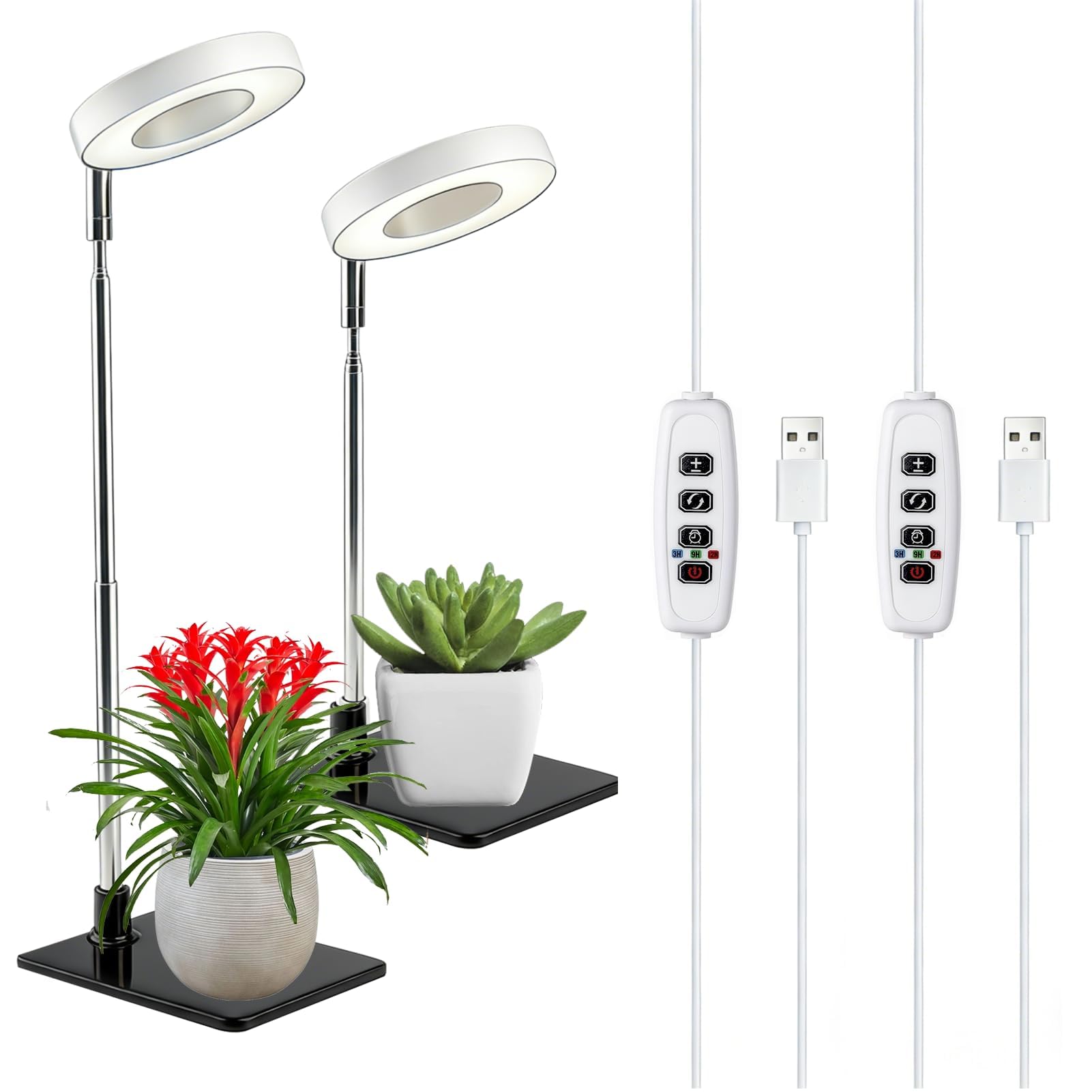 AETPI Grow Lights for Indoor Plants,48 LEDs Full Spectrum with Detachable Base Height Adjustable Halo Ring,3 Color Modes 10 Dimming Brightness Auto Timer 3/9/12H for Small Plant Light Growing 2-Pack