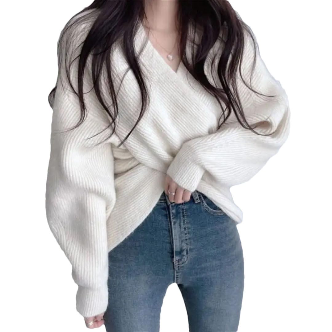 Womens Korean Cross Sweater Pullover Autumn Winter V-Neck Long Sleeve Knitting Tops