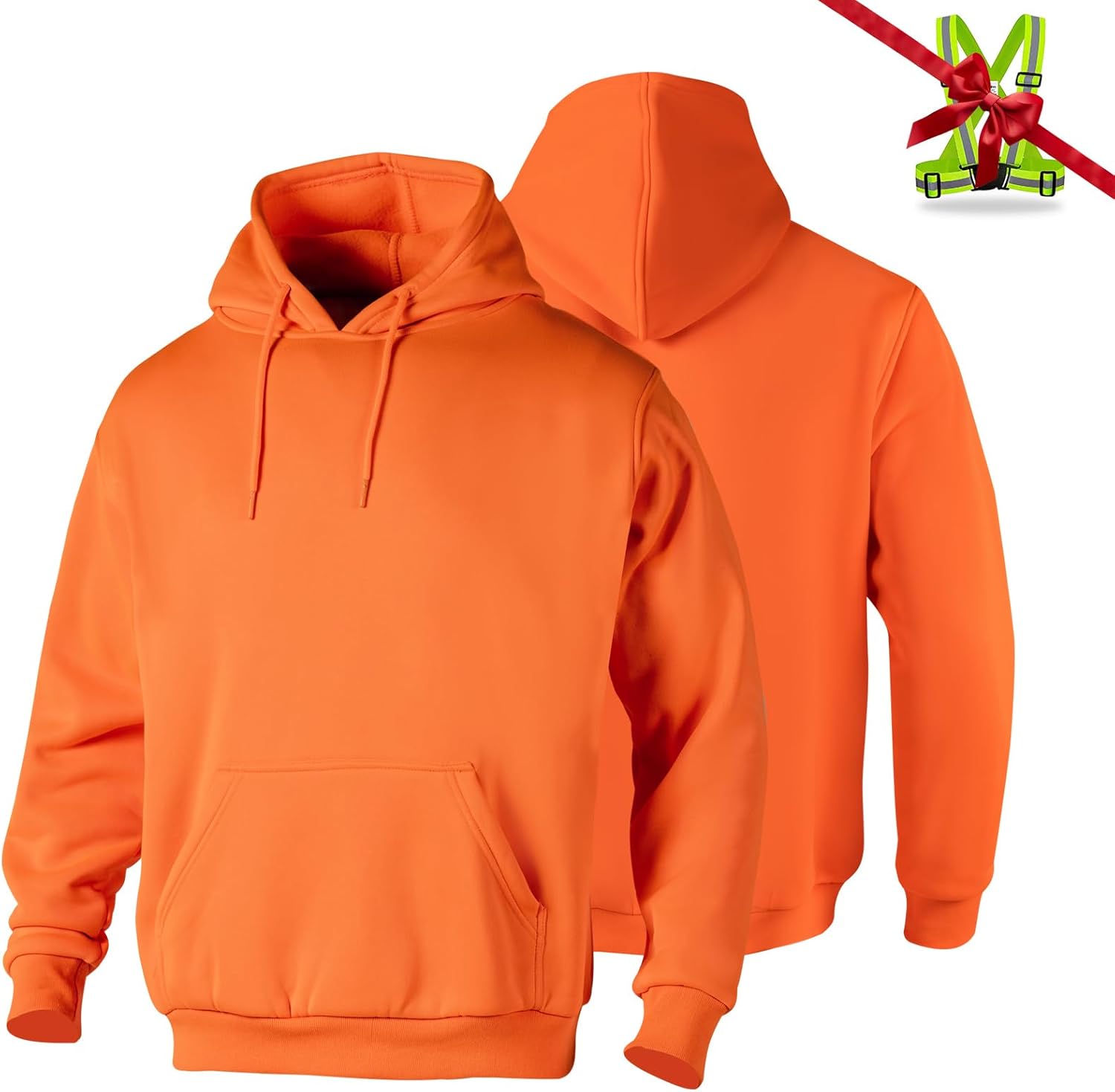 FONIRRA High Visibility Safety Fleece Hoodie for Men Hi Vis Pullover Sweatshirt with Adjustable Reflective Straps Medium Neon Orange