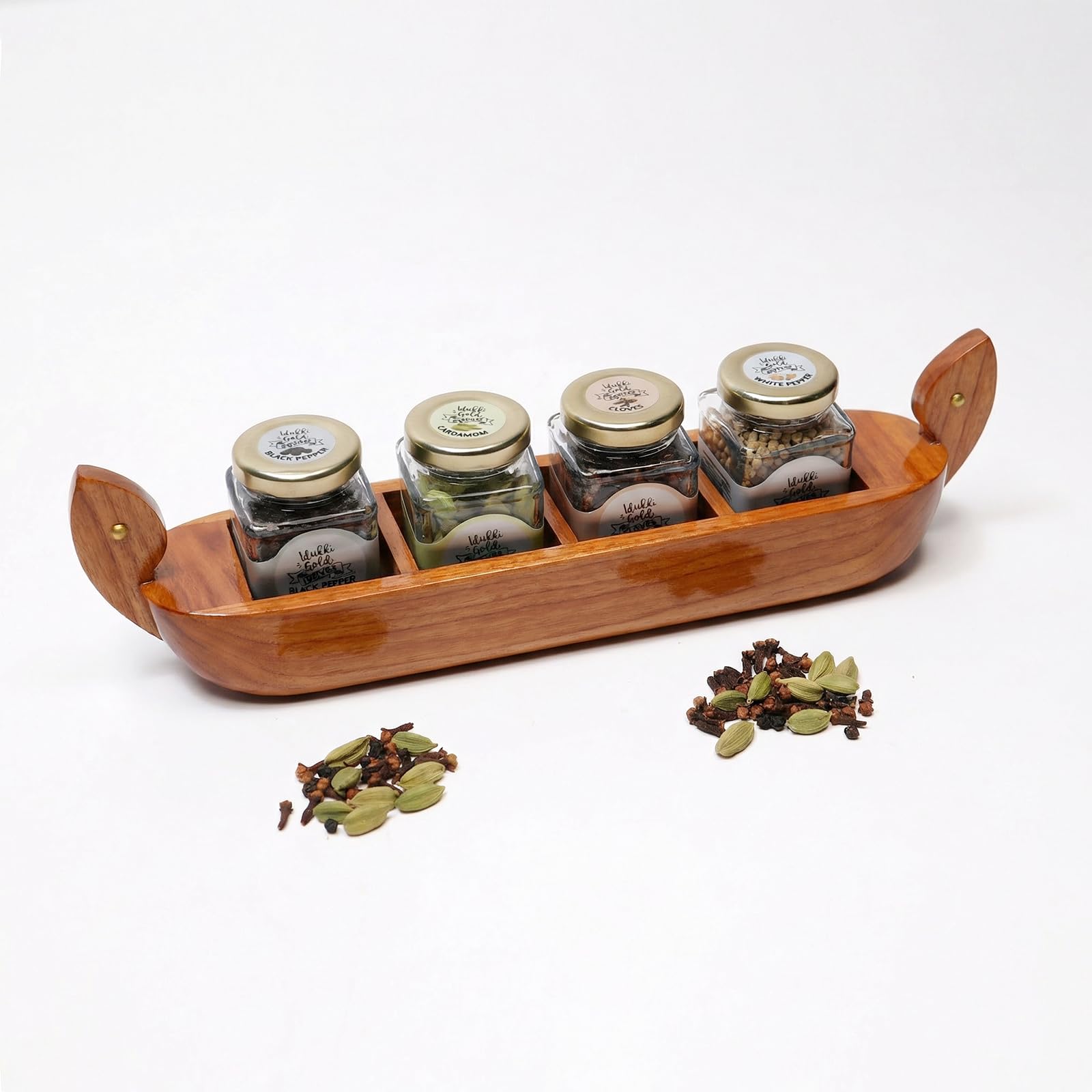 Idukki Gold Wooden Spice Boat (4 Whole Spices) – Cardamom 25g, Pepper 50g, Clove 30g, White Pepper 50g | Glass Bottles | Gift Pack-image-35