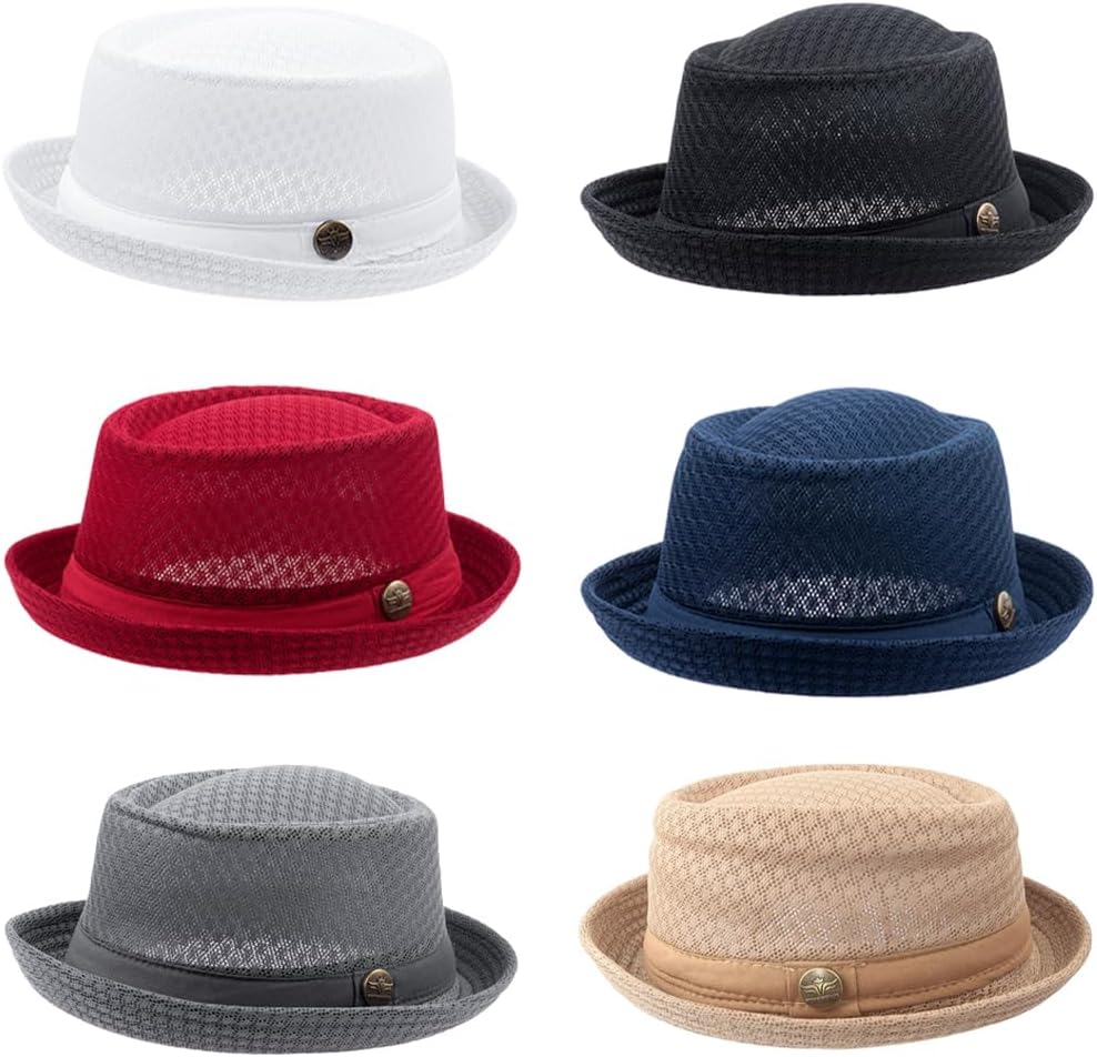 2/6 pcs Mesh Pork Pie Straw Hat Summer 1920S Costume Party Cap Fedora Dad Bowler Flat Top Men