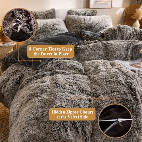 Image of XeGe Plush Shaggy Duvet Cover Luxury Ultra Soft Crystal Velvet Bedding Set 1PC(1 Faux Fur Duvet Cover),Zipper Closure (Queen, Dark Gray Ombre)