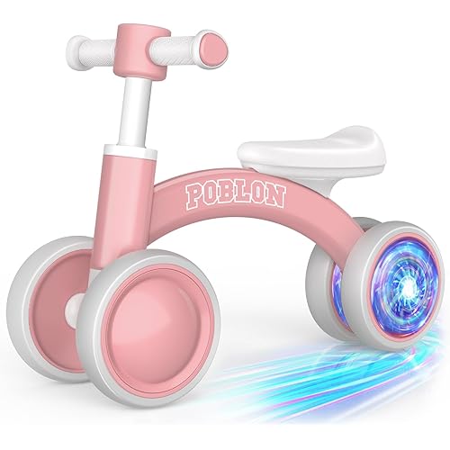 Colorful Lighting Baby Balance Bike for 1 Year Old Girl, 12-24 Month Toddler Balance Bike with 4 Wheels & Soft Seat, First Birthday Gift (Pink)