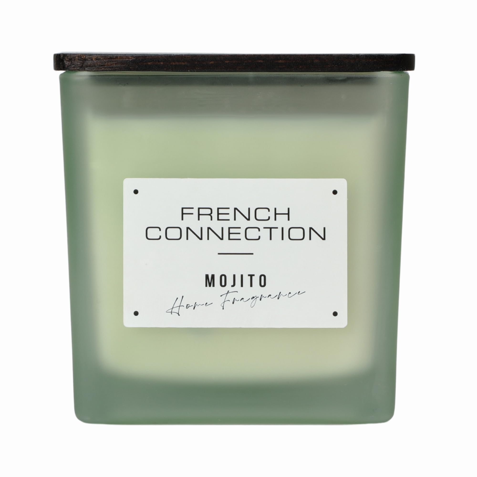 French Connection Scented Candle | Shea Butter Wax | Frosted Glass Jar Wooden Lid | Square Shape | (XL,Mango Motijo Scent)