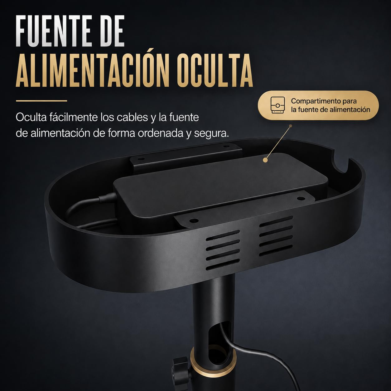 Soporte de techo para proyector – Compartimento de alimentación integrado, carga 10 kg, longitud ajustable 18-48 cm, articulación semiesférica 360°, cable oculto