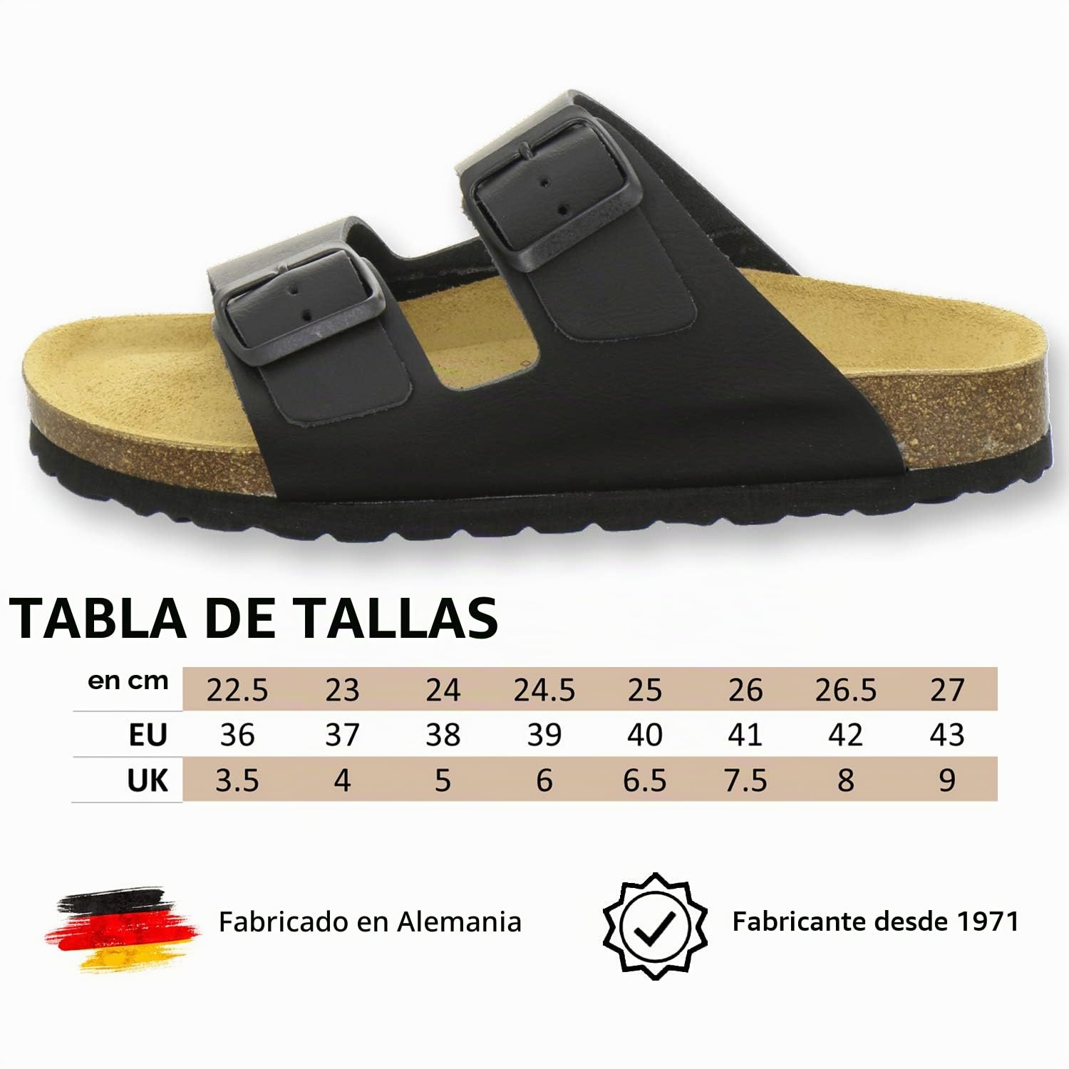 AFS-Schuhe 2100 - Chanclas cómodas para mujer de piel auténtica, prácticas zapatillas de trabajo, zapatillas de estar por casa, hechas a mano en Alemania, color Negro, talla 42 EU